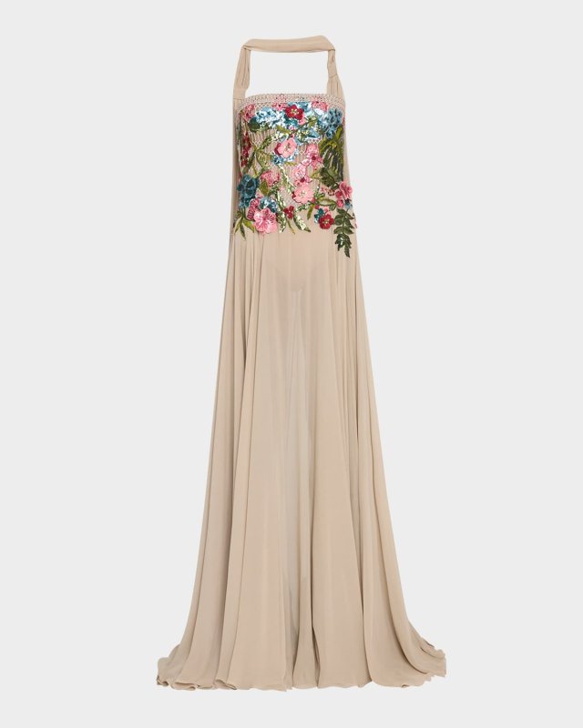 Strapless Embroidered Silk Scarf Gown